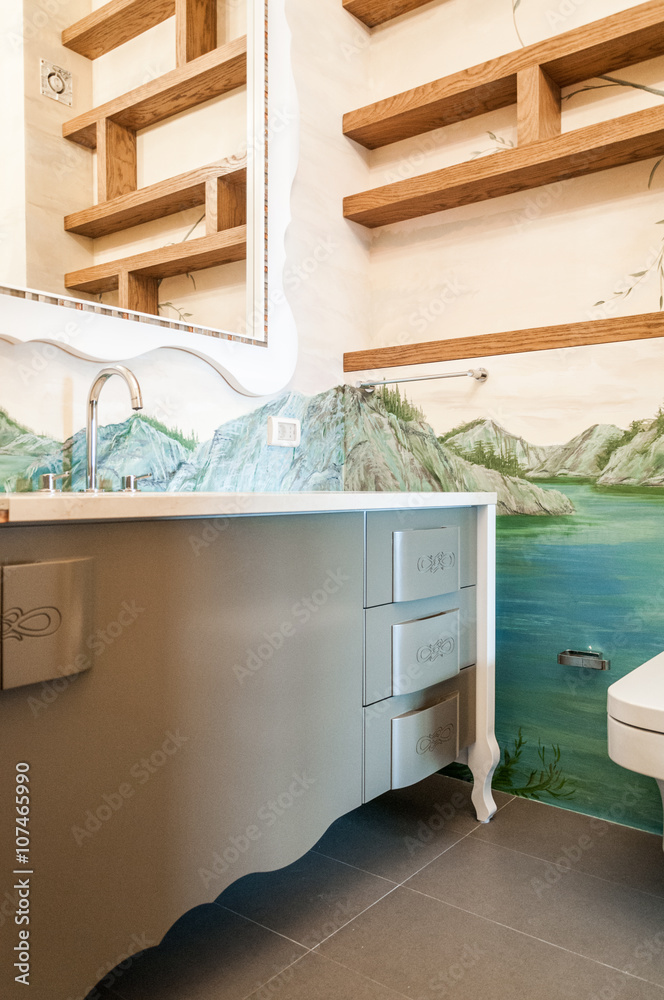 Wooden shelf and washbasin in modern bathroom interior Wooden shelf and washbasin in modern bathroom interior