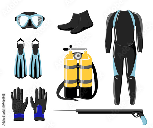 Diving collection. Sport underwater, water sea, glove and flashlight, Jacket, pants, suit, socks, regulators, octopus, mask and snorkel. Ocean fishes