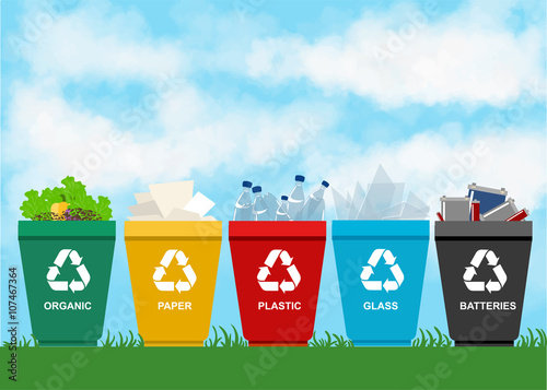 Recycle garbage bins. Separation concept. Set waste: plastic, organic, battery, glass, metal, paper. Trash categories.