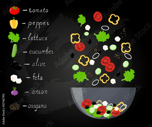 Recipe of salad cooking collection background salt pepper spices asparagus Greek salad menu restaurant