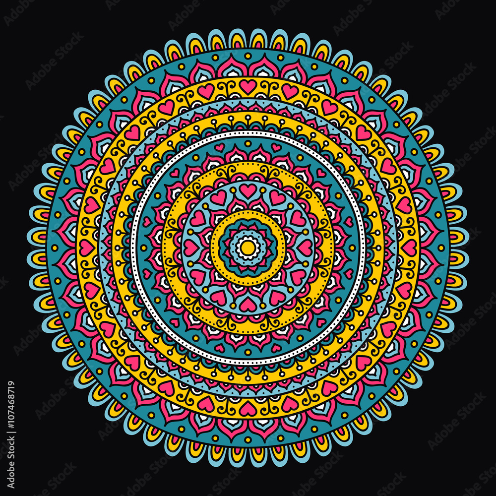 Vector hand drawn doodle mandala. Ethnic mandala with colorful ornament. Isolated. Pink, white, yellow, green colors. Bright mandala with hearts.