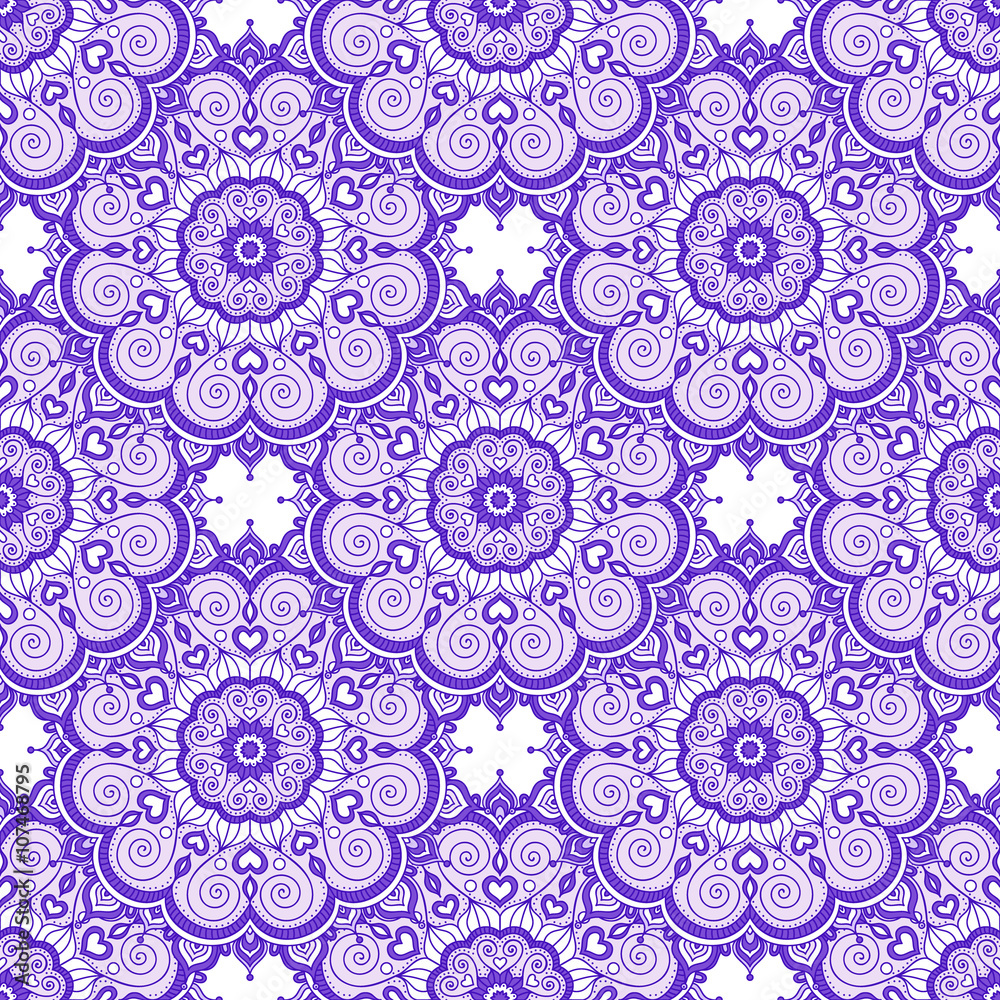 Doodle mandala with hearts. Vector seamless pattern with doodle mandala. Hand drawn mandala with ornament. Violet and white colors.