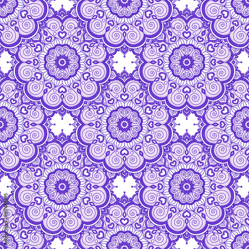 Doodle mandala with hearts. Vector seamless pattern with doodle mandala. Hand drawn mandala with ornament. Violet and white colors.