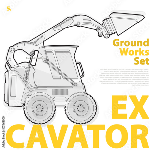 Outline set of construction machinery machines vehicles, excavator. Construction equipment for building. Digger, Crane, Bagger, master vector illustration, nice ground works typography page