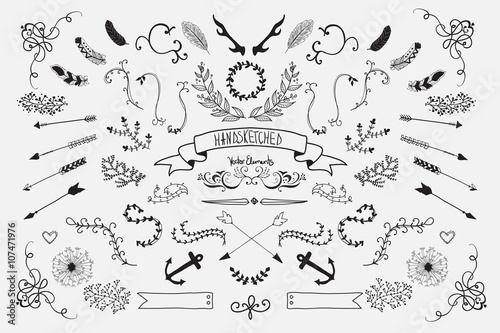 Hand Drawn vintage floral elements. Set of flowers, arrows and decorative elements.
 photo
