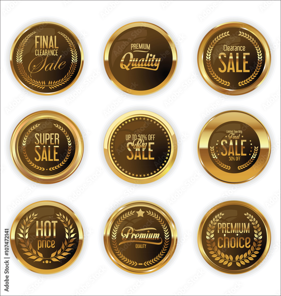 Golden badges and labels with laurel wreath collection
