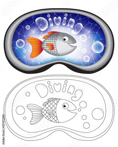 Smiling cartoon fish looking through a mask for diving.
