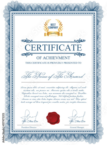 Certificate template with guilloche elements. Blue diploma border design for personal conferment. Vector layout for award, patent, validation, licence, education, authentication, achievement, etc
