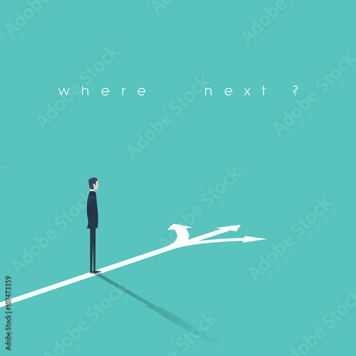 Business decision concept vector illustration. Businessman standing on the crossroads with three arrows and directions.