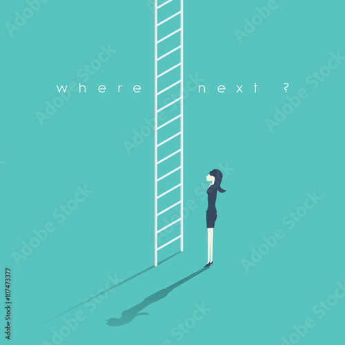 Business career concept with businesswoman and corporate ladder. Work promotion symbol.