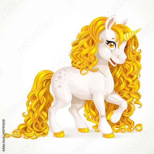 White fabulous unicorn with golden mane isolated on a white back