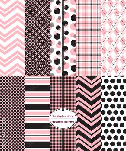 Pink and black seamless pattern set. Repeating patterns for gift wrap, fabric, backgrounds, scrapbooking and more. Abstract, chevron, polka dot, plaid, argyle, and stripe prints. Feminine.