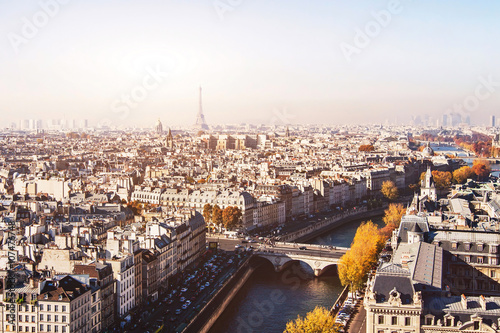 Paris panoramic view, beautiful aerial cityscape with Eiffel Tower on background