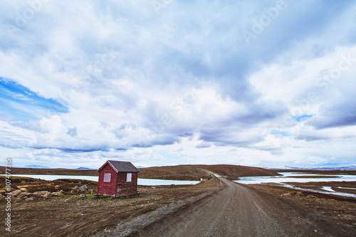 dramatic landscape, dirt road and cloudy sky photo