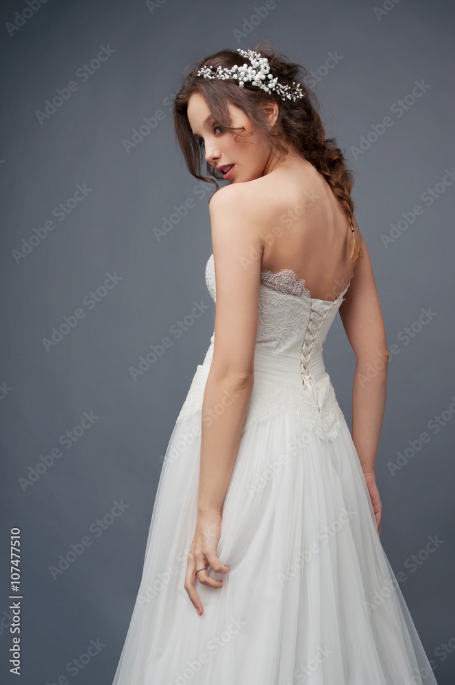 Happy bride wearing white wedding lace dress Happy bride wearing white wedding lace dress