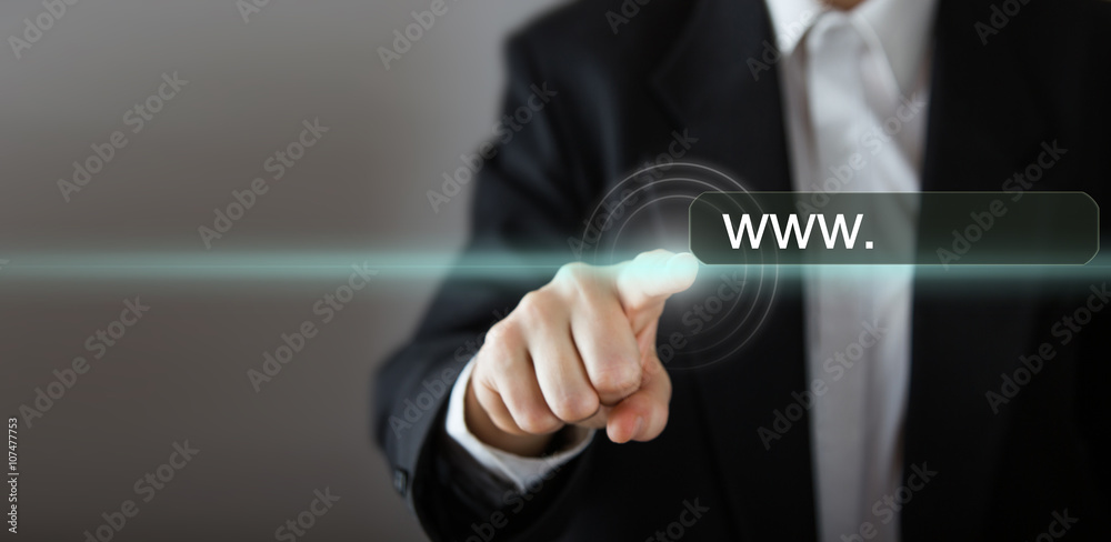 Businessman's hand pressing the icon with text Businessman's hand pressing the icon with text