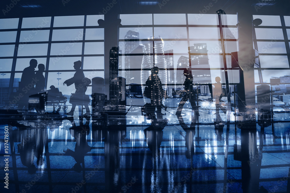 business people walking in modern city, abstract blue urban background, commuters, beautiful double exposure