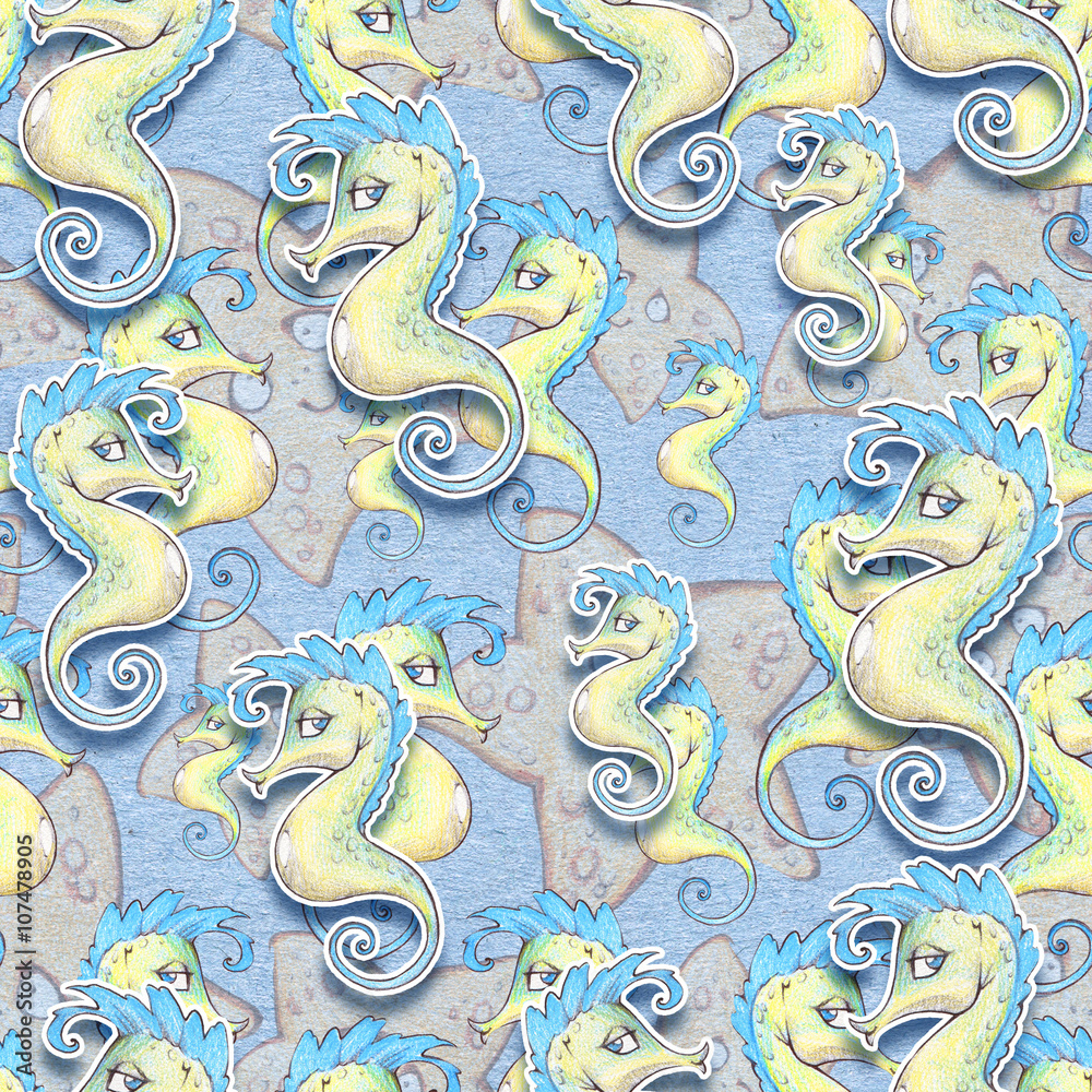 Fototapeta premium Pencil hand drawn seamless illustration with colorful funny sea creatures on a paper textured background