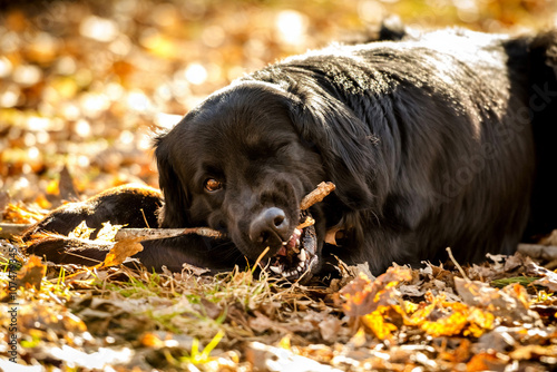 A black Golden retriever and Newfoundland mixed-breed dog emphatically terrorizing a stick in the woods. photo