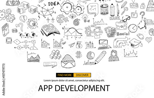 App Development Concept Background with Doodle design style :user interfaces, UI design,mobiel devices. Modern style illustration for web banners, brochure and flyers.