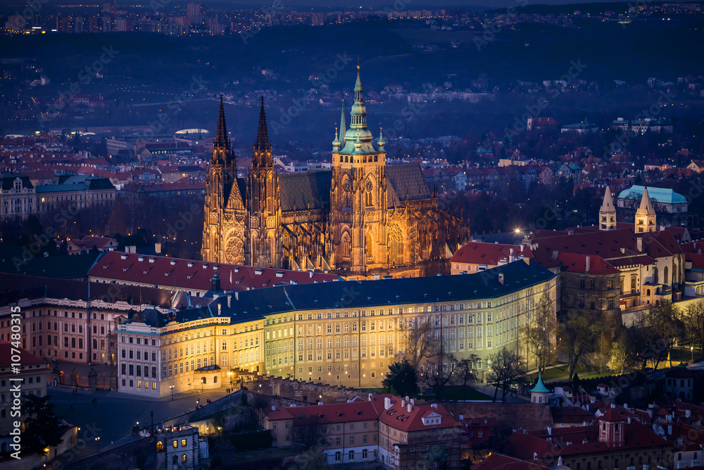 Fototapeta premium view on St. Vitus cathedral from Petrin hill, Prague, Czech Republic