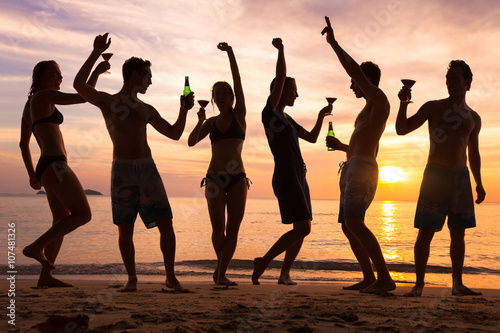 Sticker beach party, group of young people dancing, friends drinking beer and cocktails