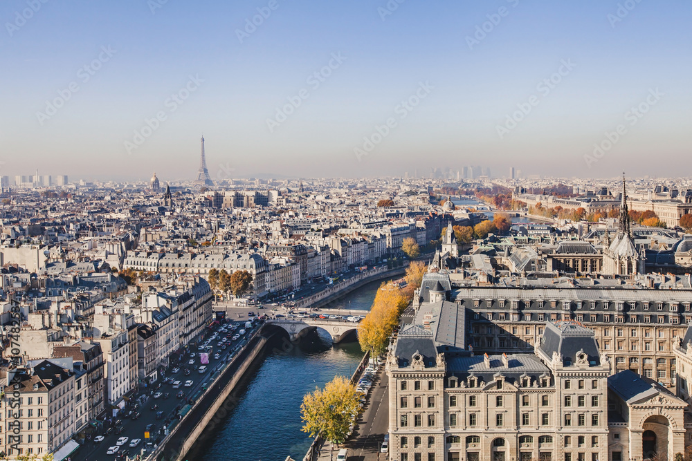 Naklejka premium aerial view of Paris, panoramic scene of Seine river and Eiffel tower, France