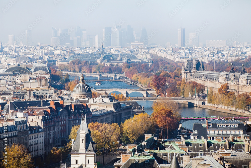 Naklejka premium aerial view of Paris, beautiful panorama seen from Notre Dame cathedral, traditional architecture, France