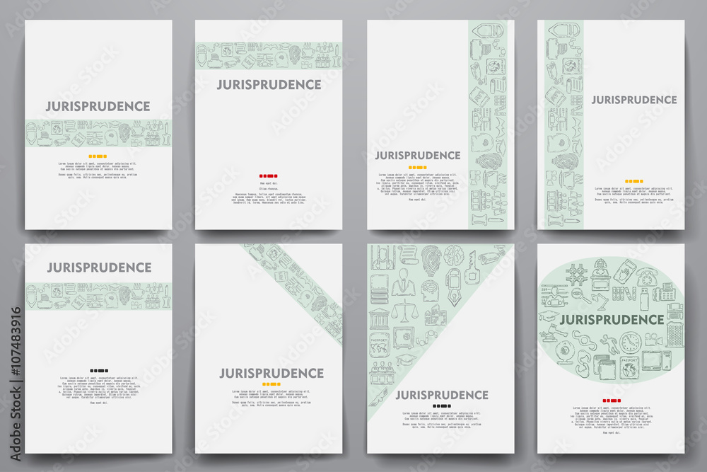 Corporate identity vector templates set with doodles jurisprudence theme