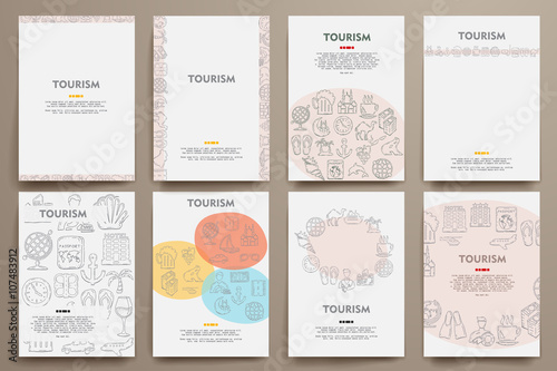 Corporate identity vector templates set with doodles tourism theme