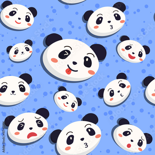 Seamless pattern with many expression of cute panda face in blue background.