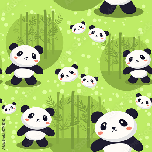 Fototapeta Naklejka Na Ścianę i Meble -  Seamless pattern with cute panda in green bamboo background.