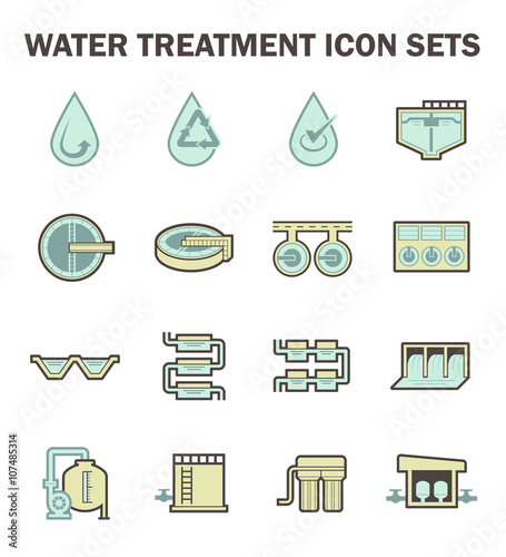 Water treatment icon and process, That removes contaminants and undesirable components to improves the quality of water appropriate for end-use such as drinking or water supply, Vector icon design.
