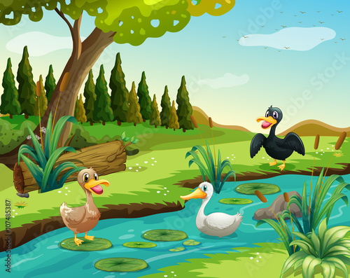Scene with three ducks by the pond