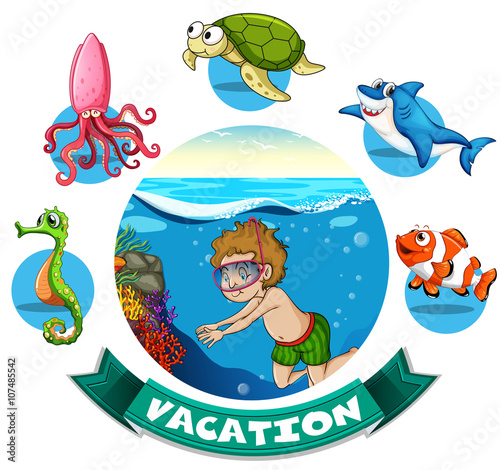 Vacation banner with man diving underwater
