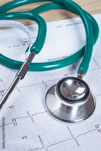Stethoscope on an electrocardiogram (ECG) chart background