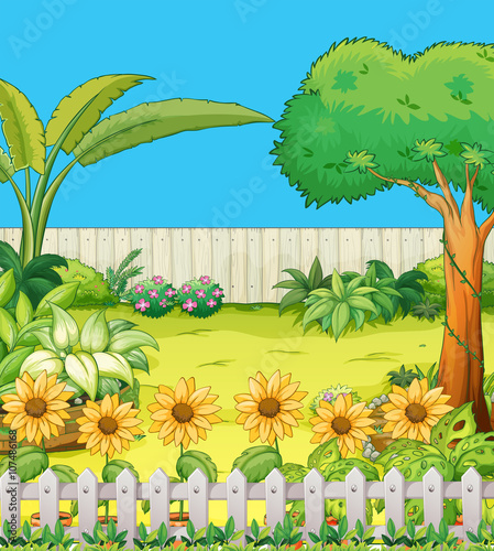 Scene with trees and flowers in backyard