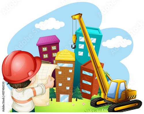 Man looking at plan for building something