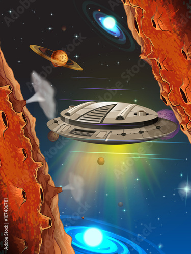 Spaceship flying in the space