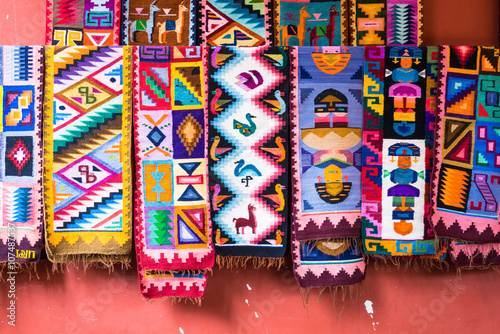 Colorful peruvian blanket for sale in the market as souvenir