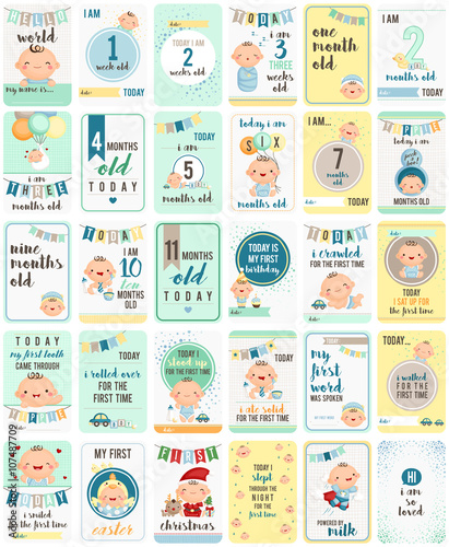 Fototapeta Naklejka Na Ścianę i Meble -  Baby Boy Milestone Cards