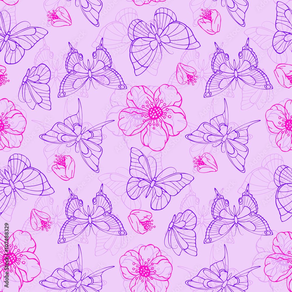 Vector seamless pattern with flowers and butterflies.