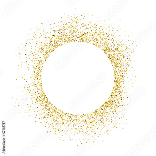 Gold sparkles on white background. White circle shape for text