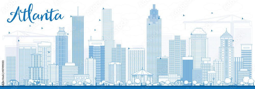 Outline Atlanta Skyline with Blue Buildings.