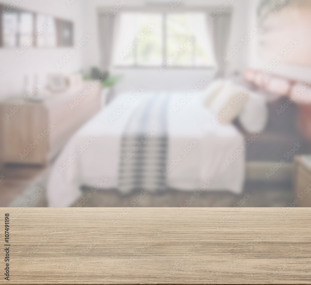 wooden table top with blurred background bedroom in classic style interior wooden table top with blurred background bedroom in classic style interior