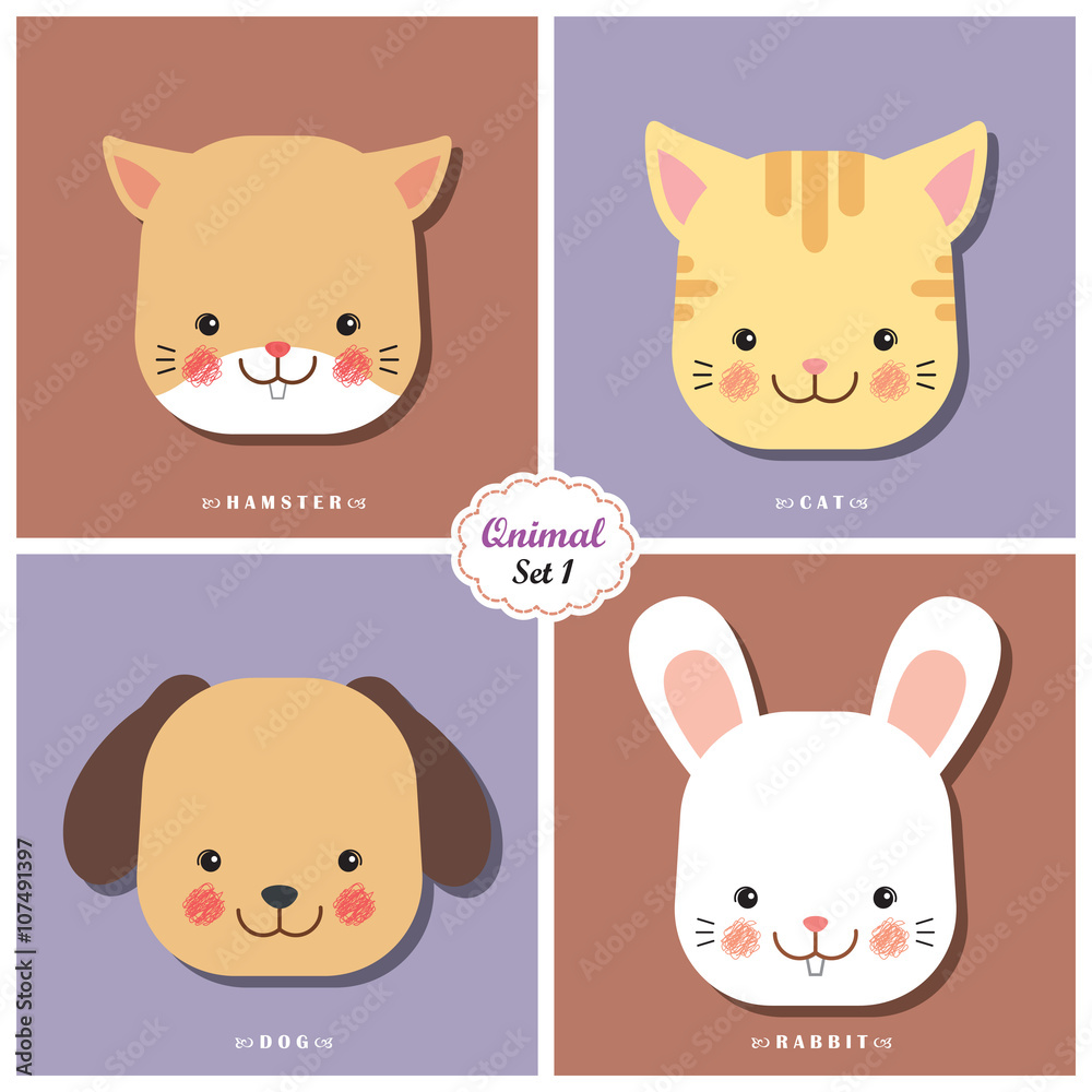 Qnimal means cute animal / Qnimal set 1: Hamster, Cat, Dog and Rabbit / Set of cartoon animal heads icon. Qnimal means cute animal / Qnimal set 1: Hamster, Cat, Dog and Rabbit / Set of cartoon animal heads icon.