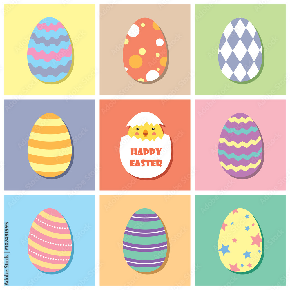 Happy Easter / Vector set of colourful Easter egg and lovely chick / Set of Easter egg in flat design. Happy Easter / Vector set of colourful Easter egg and lovely chick / Set of Easter egg in flat design.