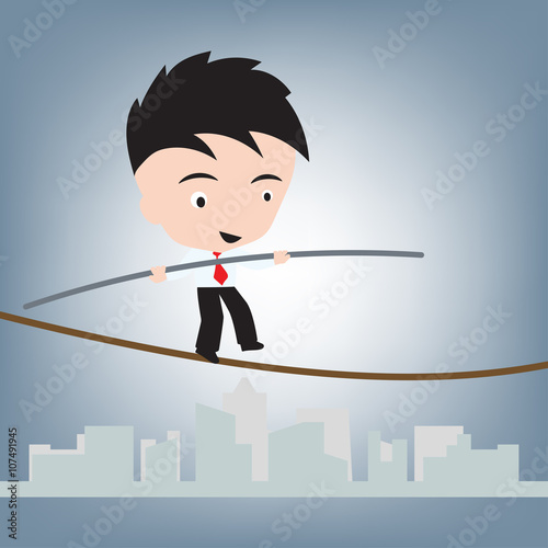 Business Man standing balance on wire or rope, risk management concept, illustration vector in flat design