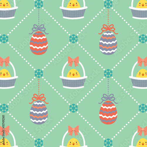 Easter theme pattern / Easter eggs and lovely chick with beautiful basket on vector background / Vector illustration.