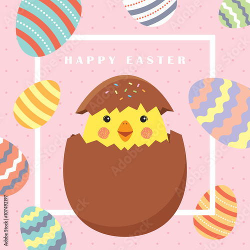 Easter card with white frame, cute chick and colorful Easter eggs on polka dot background / Easter cartoon vector illustration.